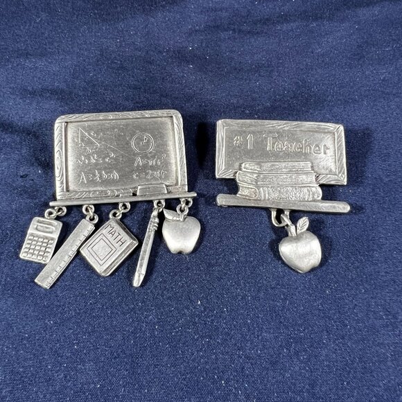 Vintage Teacher Brooch Set: JJ School Charms & Spoontiques #1 Teacher Pewter Pin - Picture 1 of 5